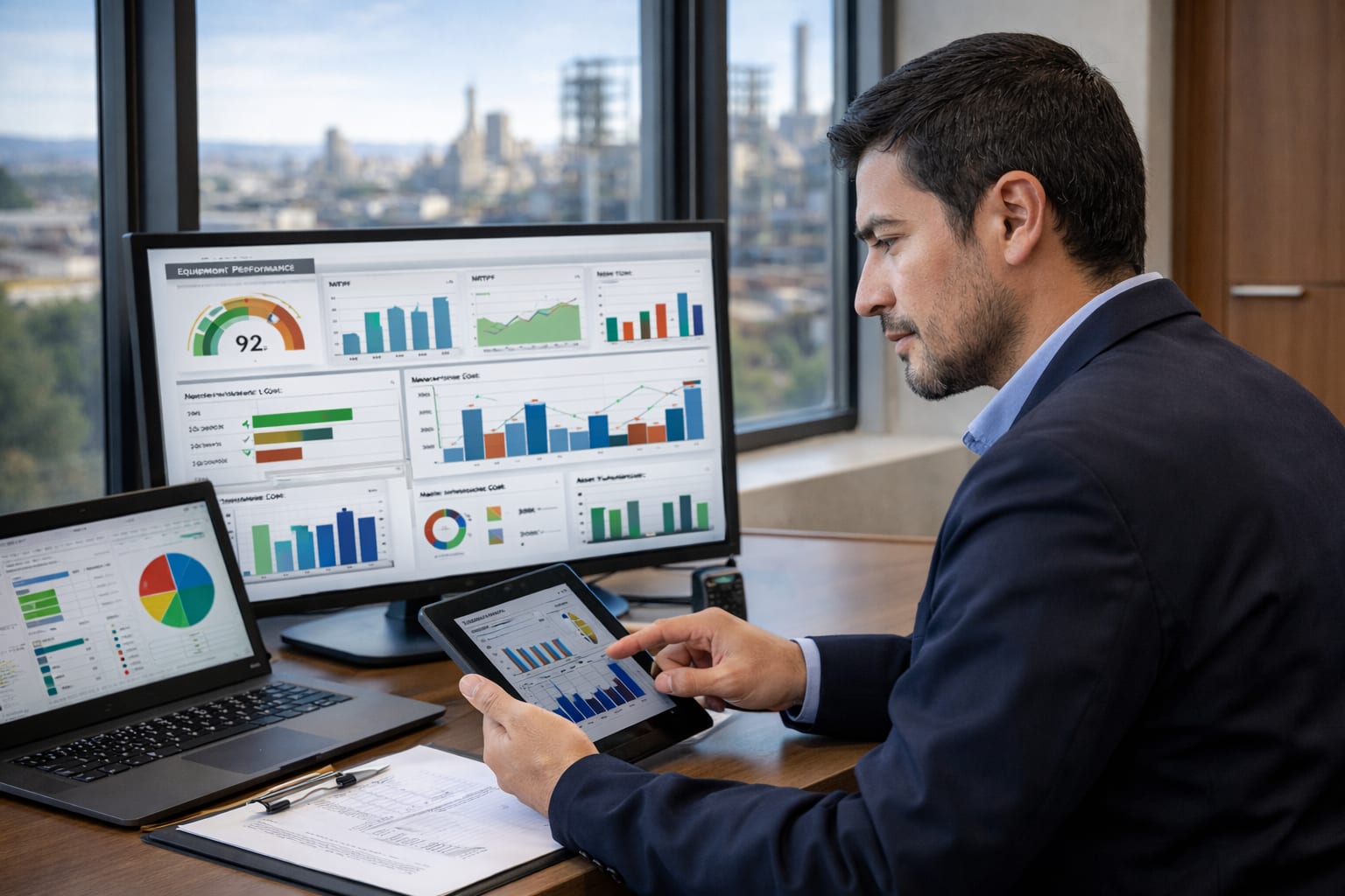 Profesional revisa tableros de datos en un monitor, un notebook y una tableta, con una zona industrial de fondo