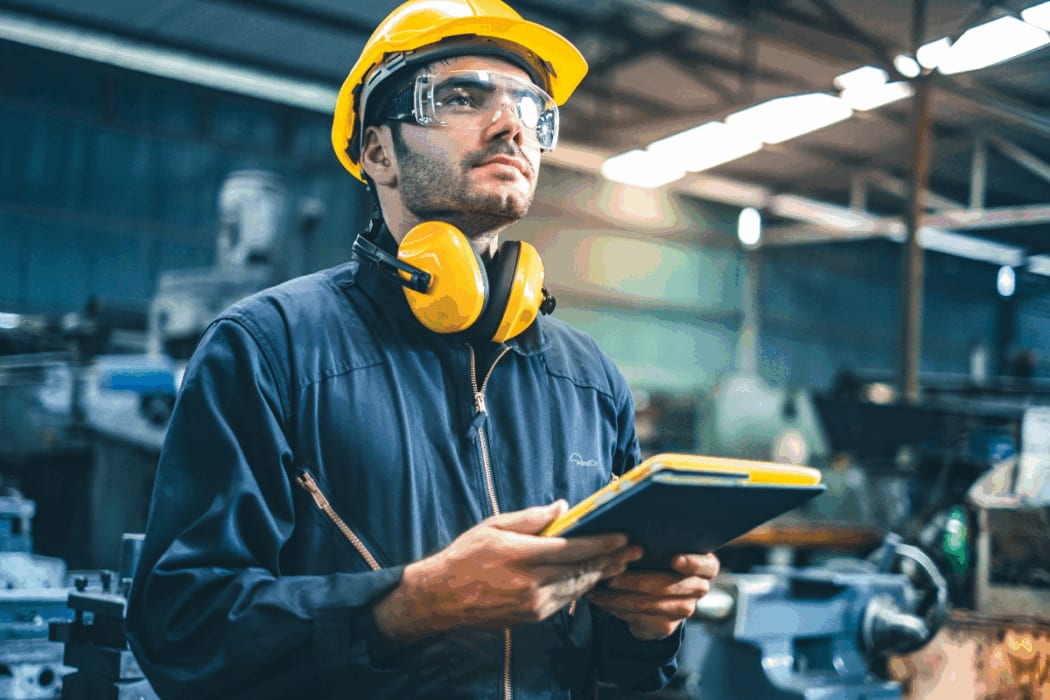 Técnico con casco, lentes de seguridad y protector auditivo consulta una tableta en un taller industrial