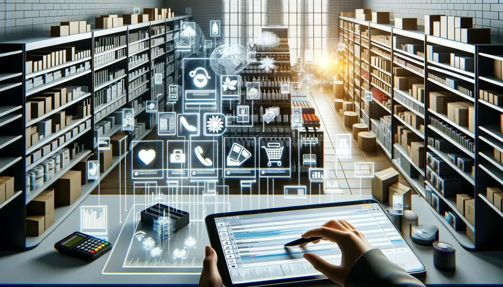 Bodega con estanterías e íconos digitales superpuestos, y una tableta con un listado de inventario