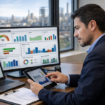 Hombre en oficina revisa las pantallas donde están los KPIs en gestión de activos.